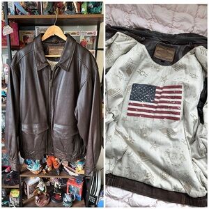 Vintage 90s Sonoma Leather Aviator Jacket Map Lined Brown Bomber Men’s 2XL